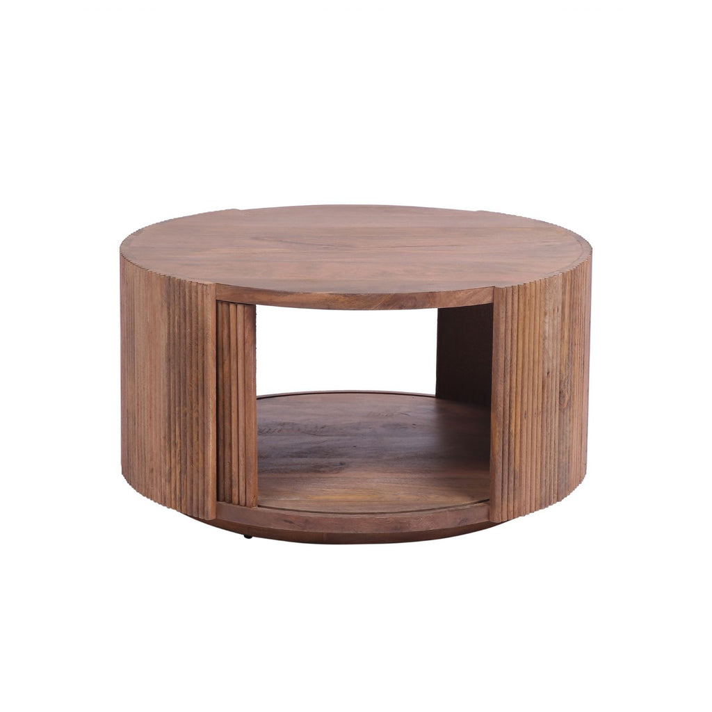 Modern Mango Wood Round Coffee Table with Slatted Drum Base - Home Furniture Interiors