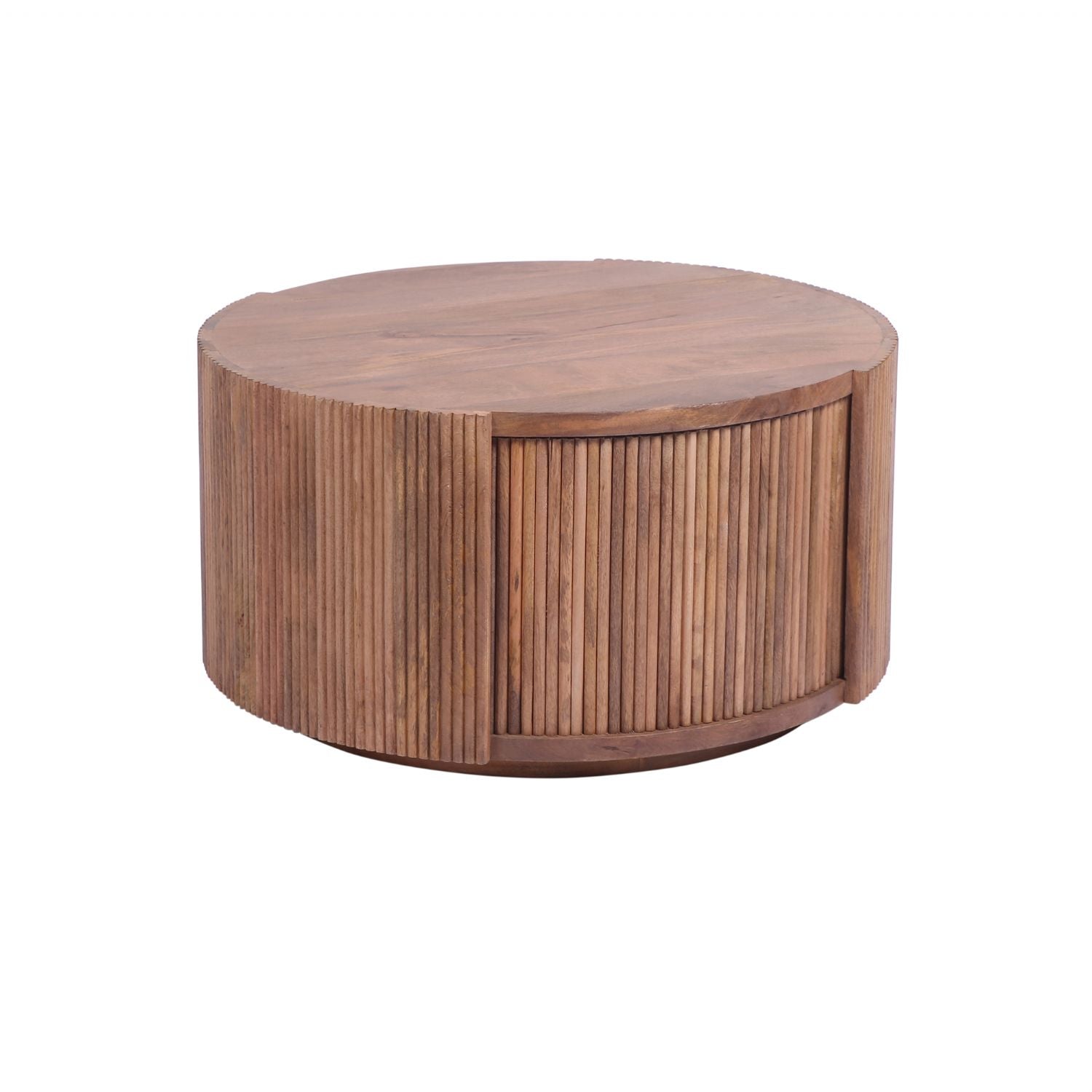 Modern Mango Wood Round Coffee Table with Slatted Drum Base - Home Furniture Interiors