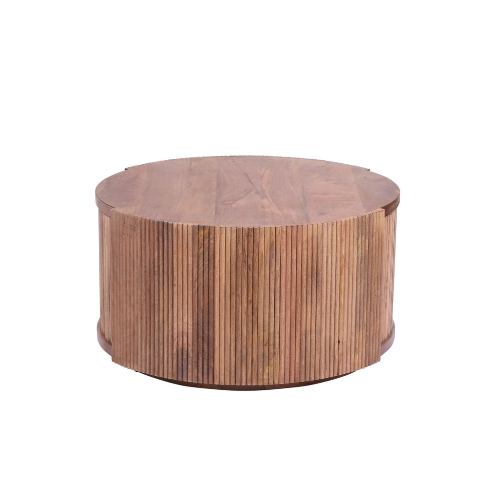Modern Mango Wood Round Coffee Table with Slatted Drum Base - Home Furniture Interiors