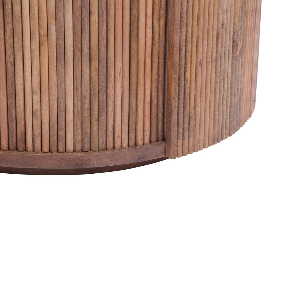 Modern Mango Wood Round Coffee Table with Slatted Drum Base - Home Furniture Interiors