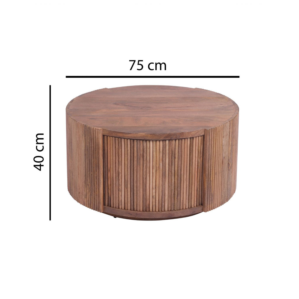 Modern Mango Wood Round Coffee Table with Slatted Drum Base - Home Furniture Interiors