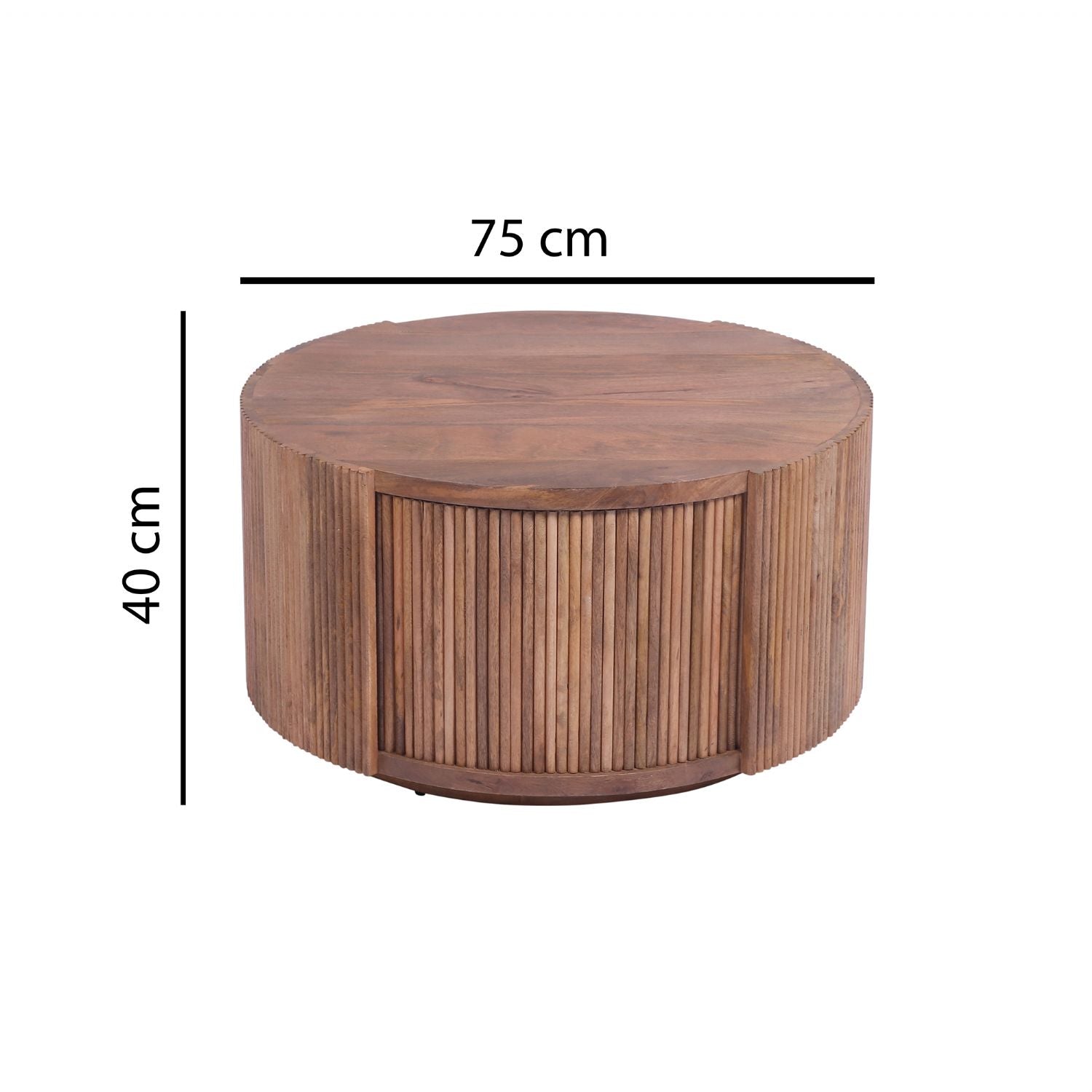 Modern Mango Wood Round Coffee Table with Slatted Drum Base - Home Furniture Interiors
