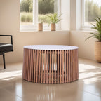 Modern Mango Wood Round Coffee Table with White Marble Top