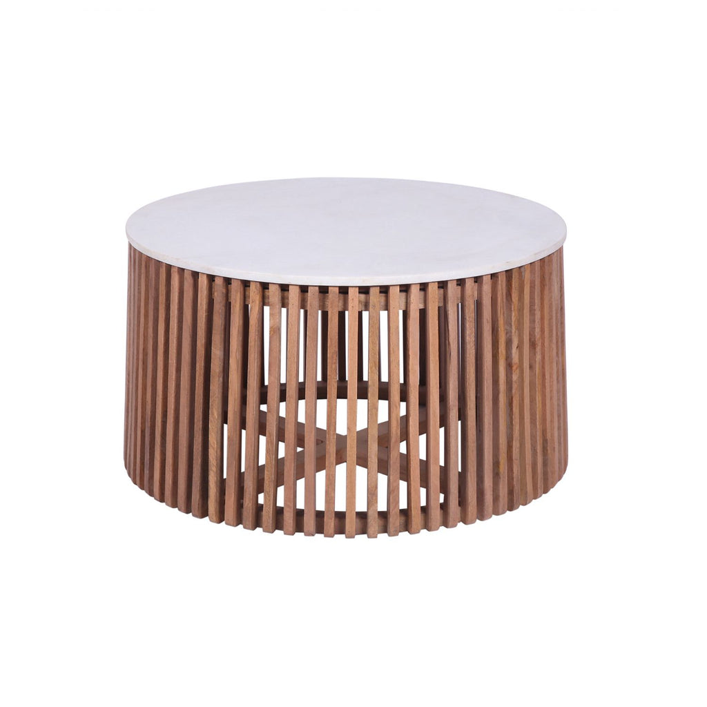 Modern Mango Wood Round Coffee Table with White Marble Top - Home Furniture Interiors
