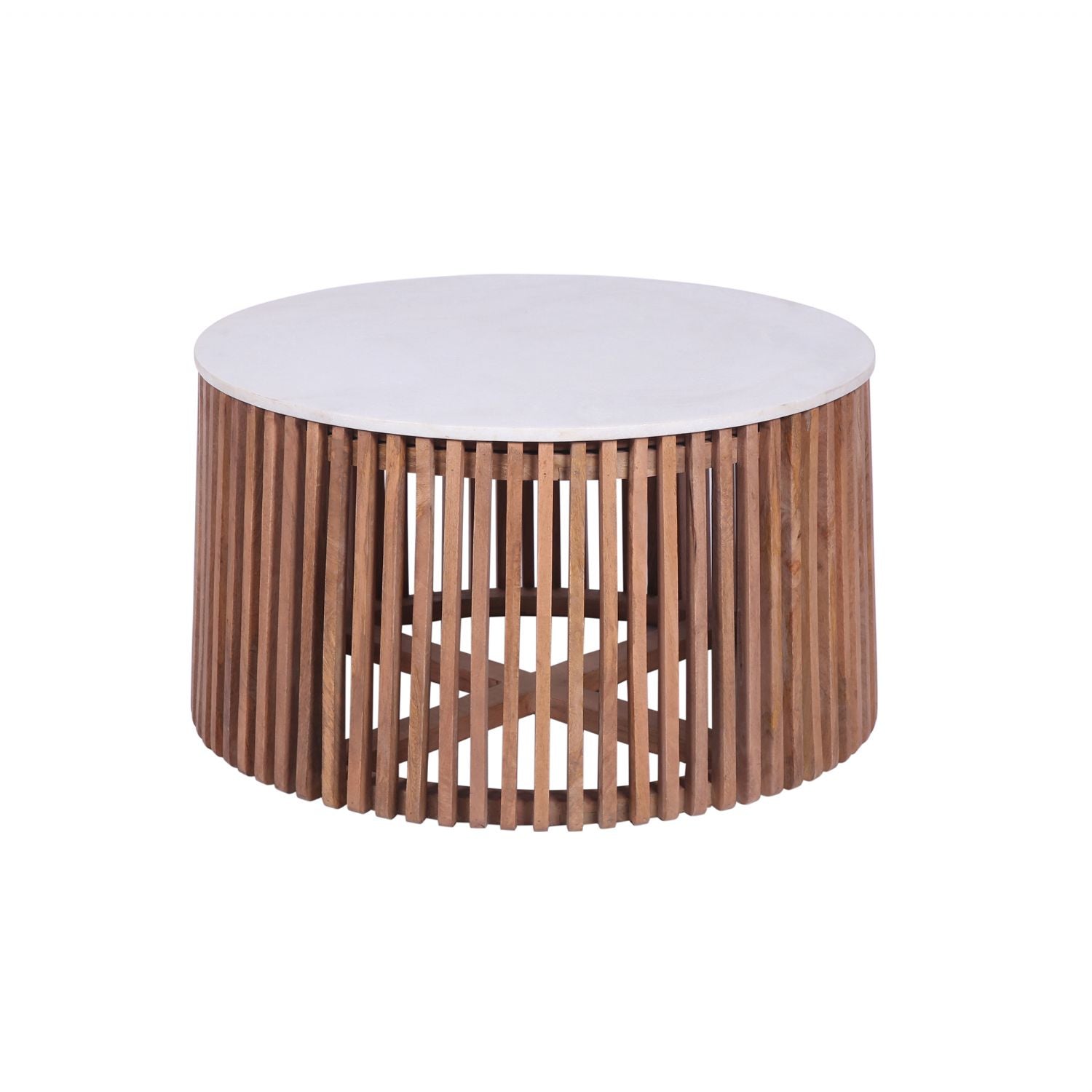 Modern Mango Wood Round Coffee Table with White Marble Top - Home Furniture Interiors