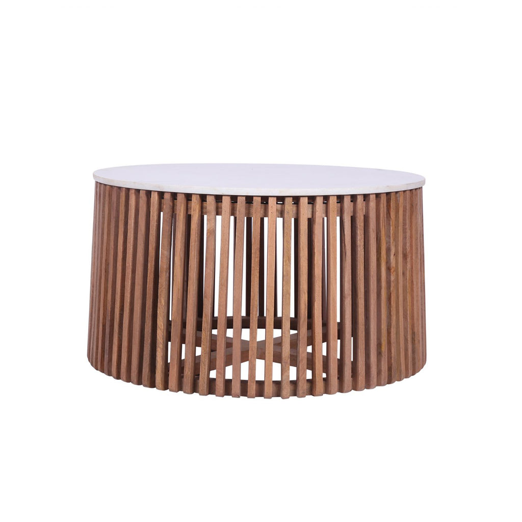 Modern Mango Wood Round Coffee Table with White Marble Top - Home Furniture Interiors