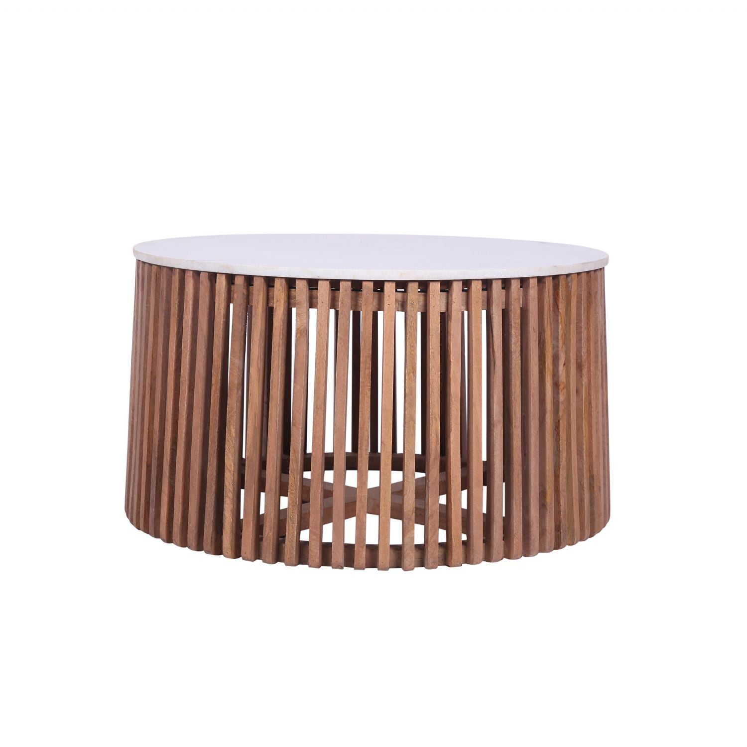 Modern Mango Wood Round Coffee Table with White Marble Top - Home Furniture Interiors