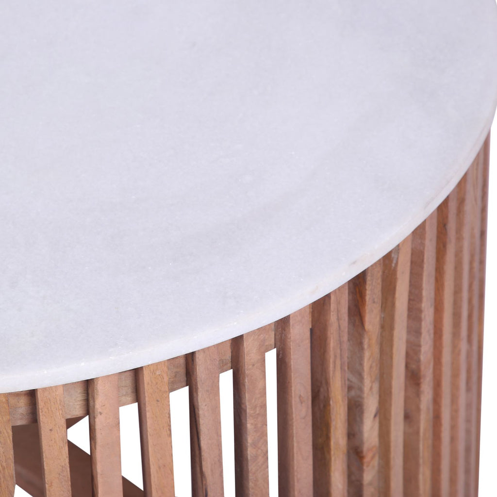 Modern Mango Wood Round Coffee Table with White Marble Top - Home Furniture Interiors