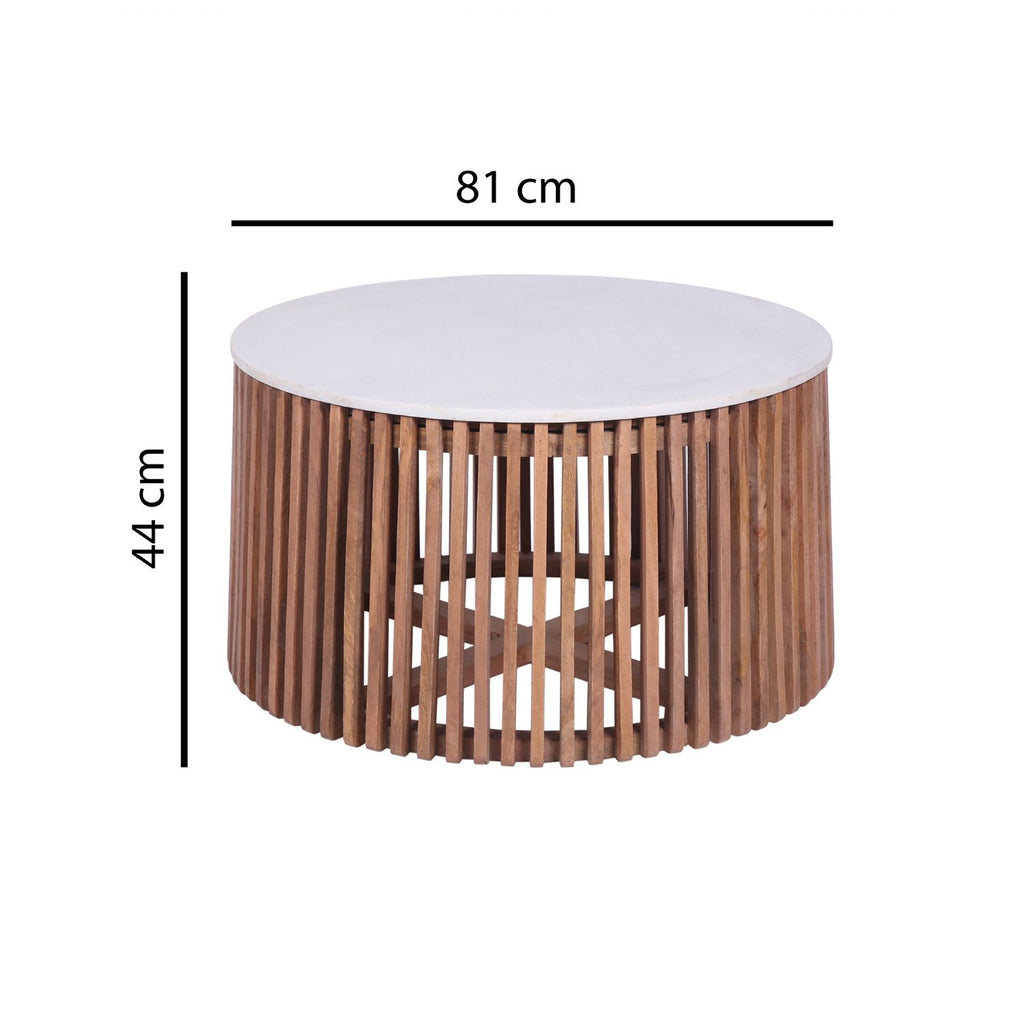 Modern Mango Wood Round Coffee Table with White Marble Top - Home Furniture Interiors