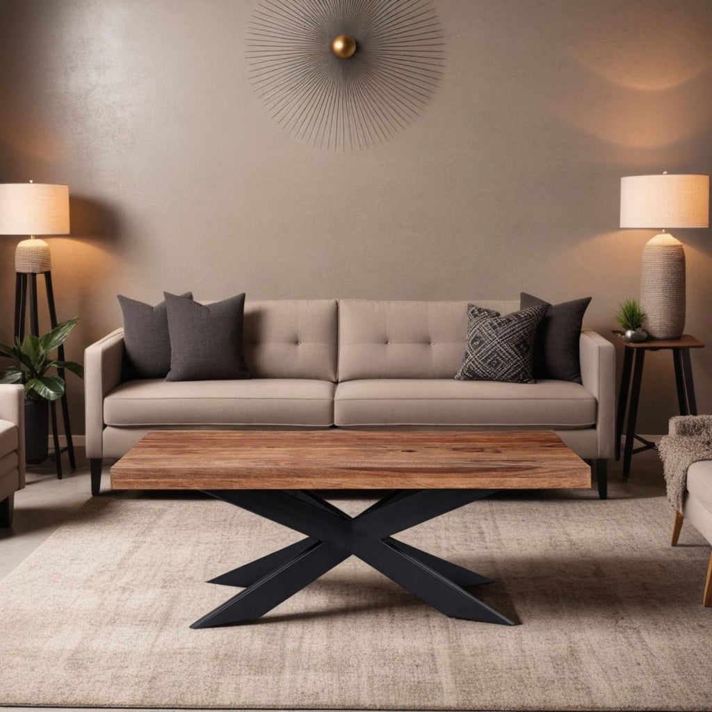 Modern Sheesham Wood Rectangular Coffee Table with Black Iron Star Base