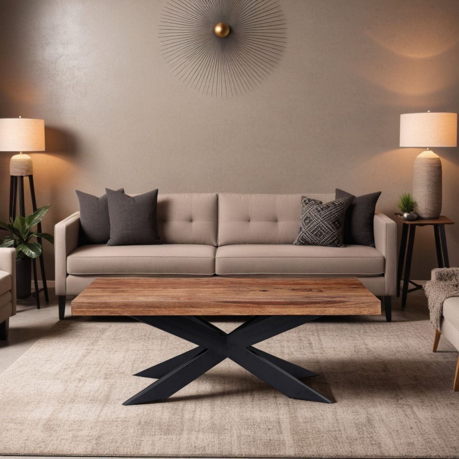 Modern Sheesham Wood Rectangular Coffee Table with Black Iron Star Base