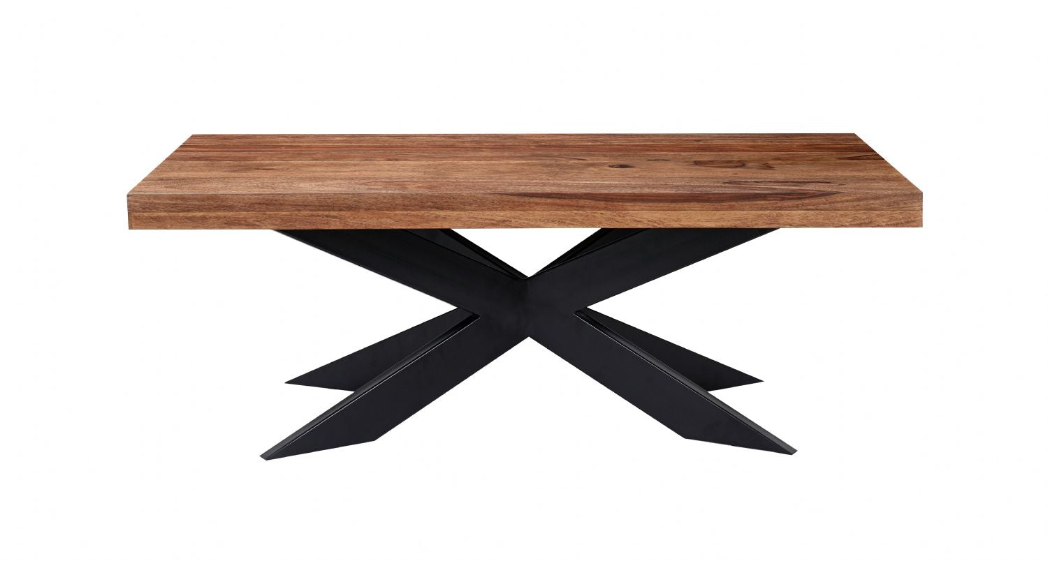 Modern Sheesham Wood Rectangular Coffee Table with Black Iron Star Base - Home Furniture Interiors