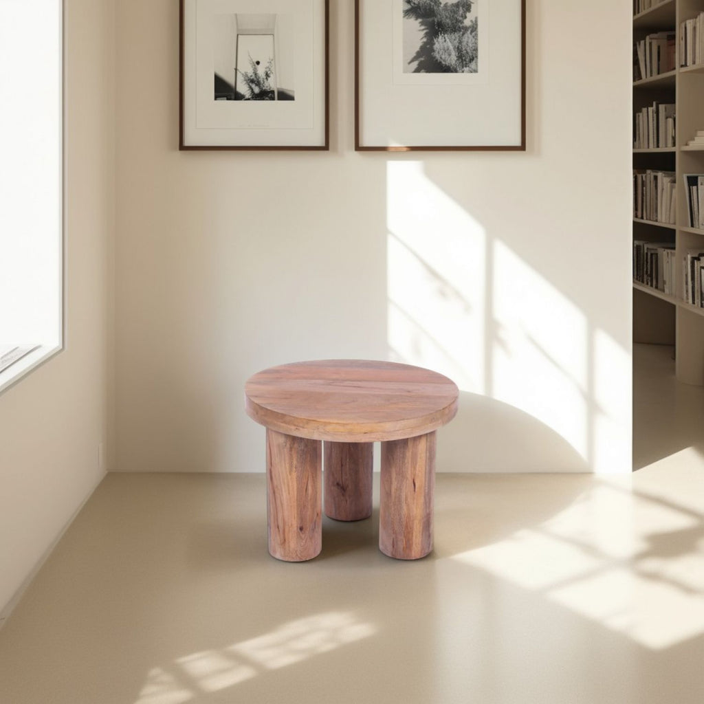 Natural Solid Mango Wood Round Coffee Table with Chunky Cylindrical Legs