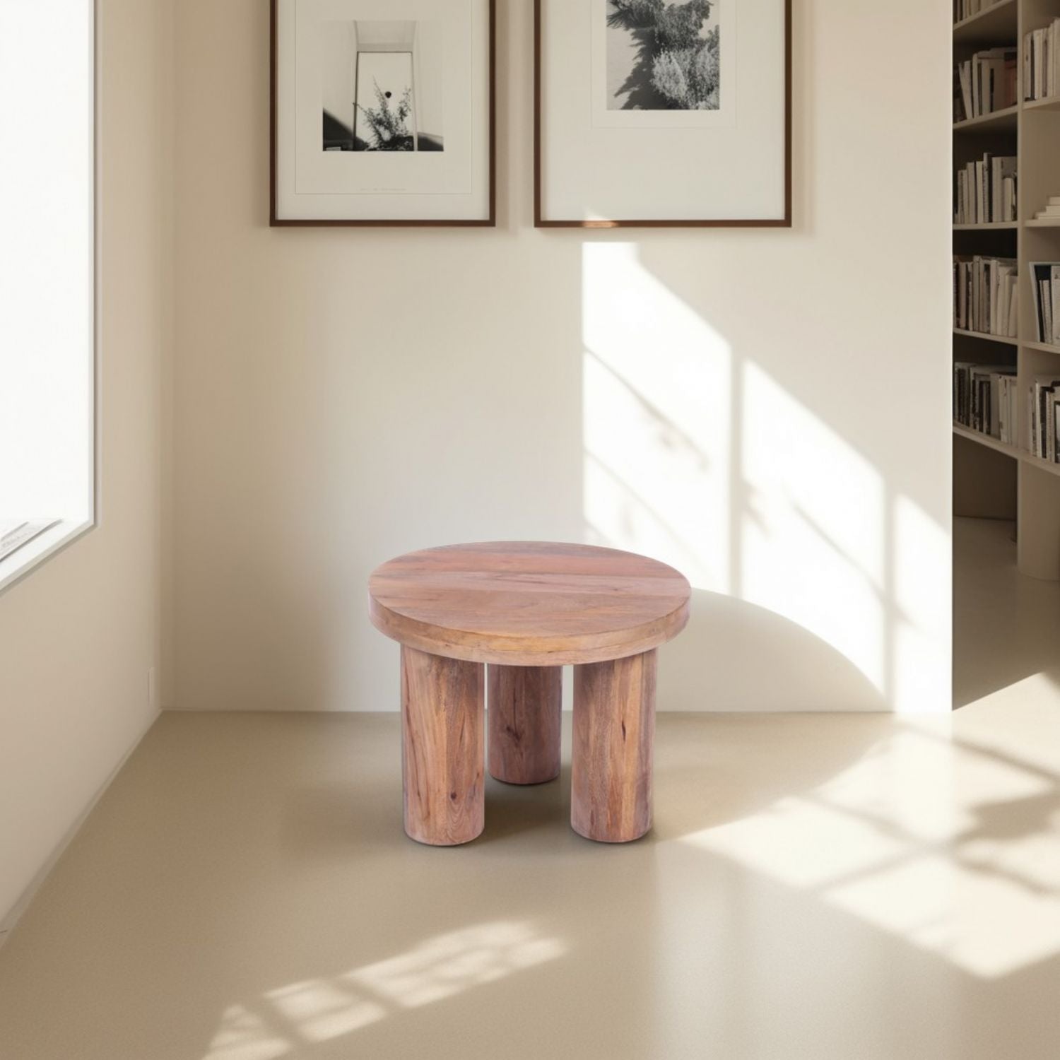 Natural Solid Mango Wood Round Coffee Table with Chunky Cylindrical Legs