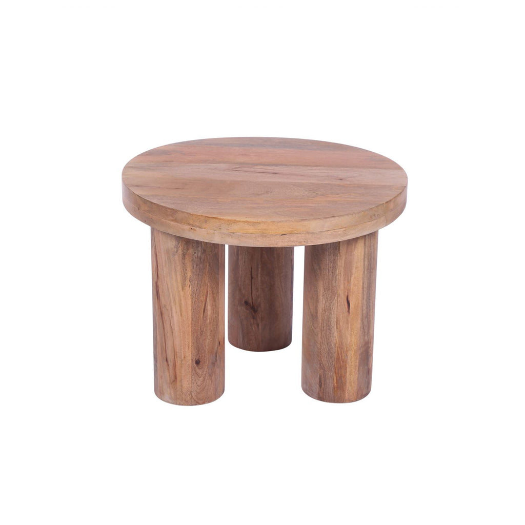 Natural Solid Mango Wood Round Coffee Table with Chunky Cylindrical Legs - Home Furniture Interiors