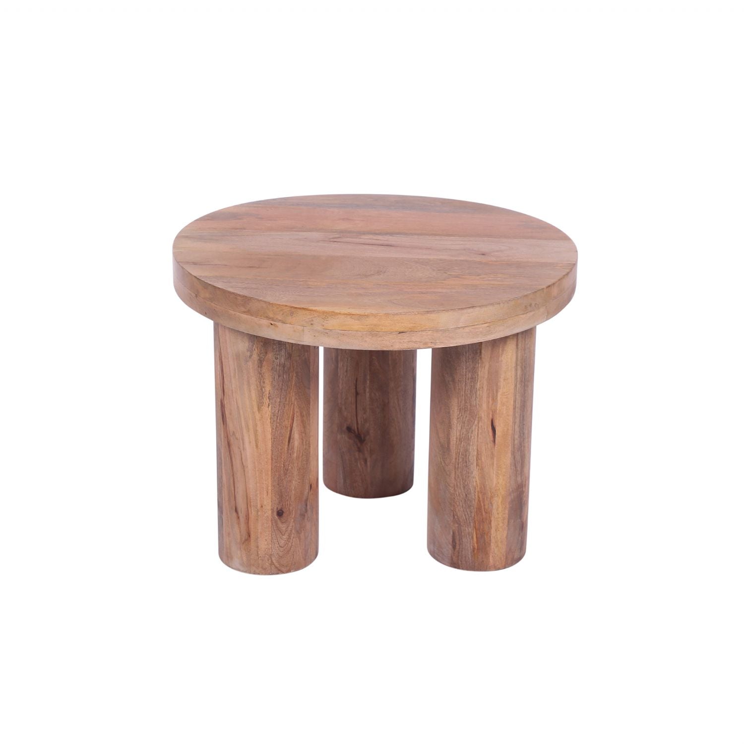 Natural Solid Mango Wood Round Coffee Table with Chunky Cylindrical Legs - Home Furniture Interiors