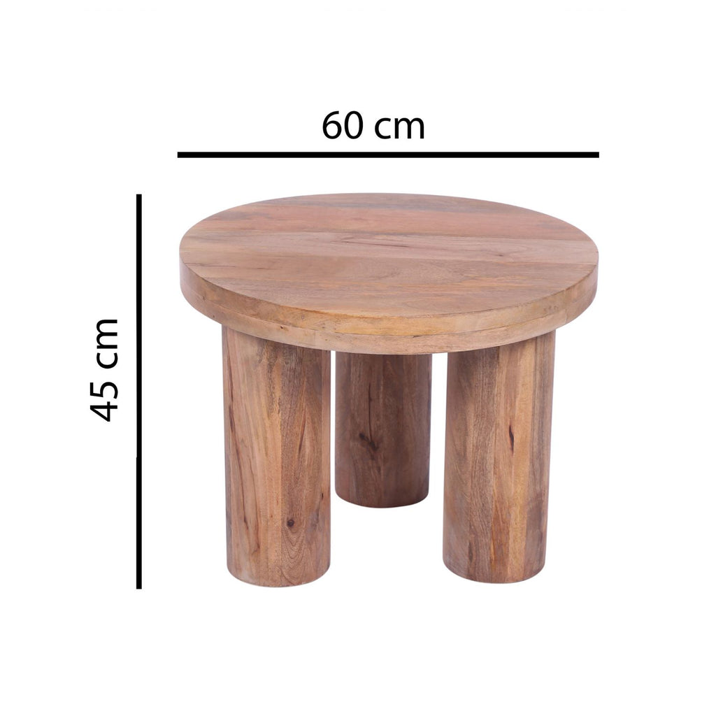 Natural Solid Mango Wood Round Coffee Table with Chunky Cylindrical Legs - Home Furniture Interiors