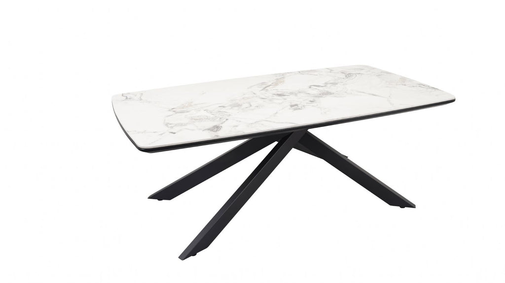 White Marble Effect Ceramic Coffee Table with Black Iron Angled Base - Home Furniture Interiors