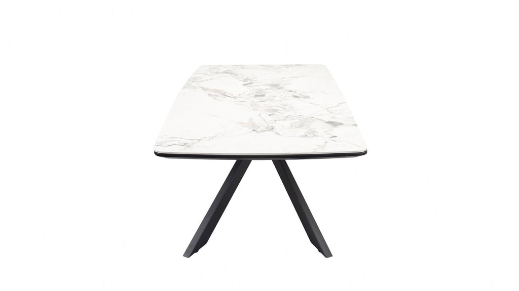 White Marble Effect Ceramic Coffee Table with Black Iron Angled Base - Home Furniture Interiors
