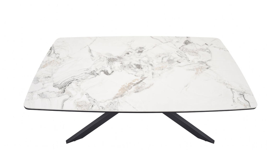 White Marble Effect Ceramic Coffee Table with Black Iron Angled Base - Home Furniture Interiors