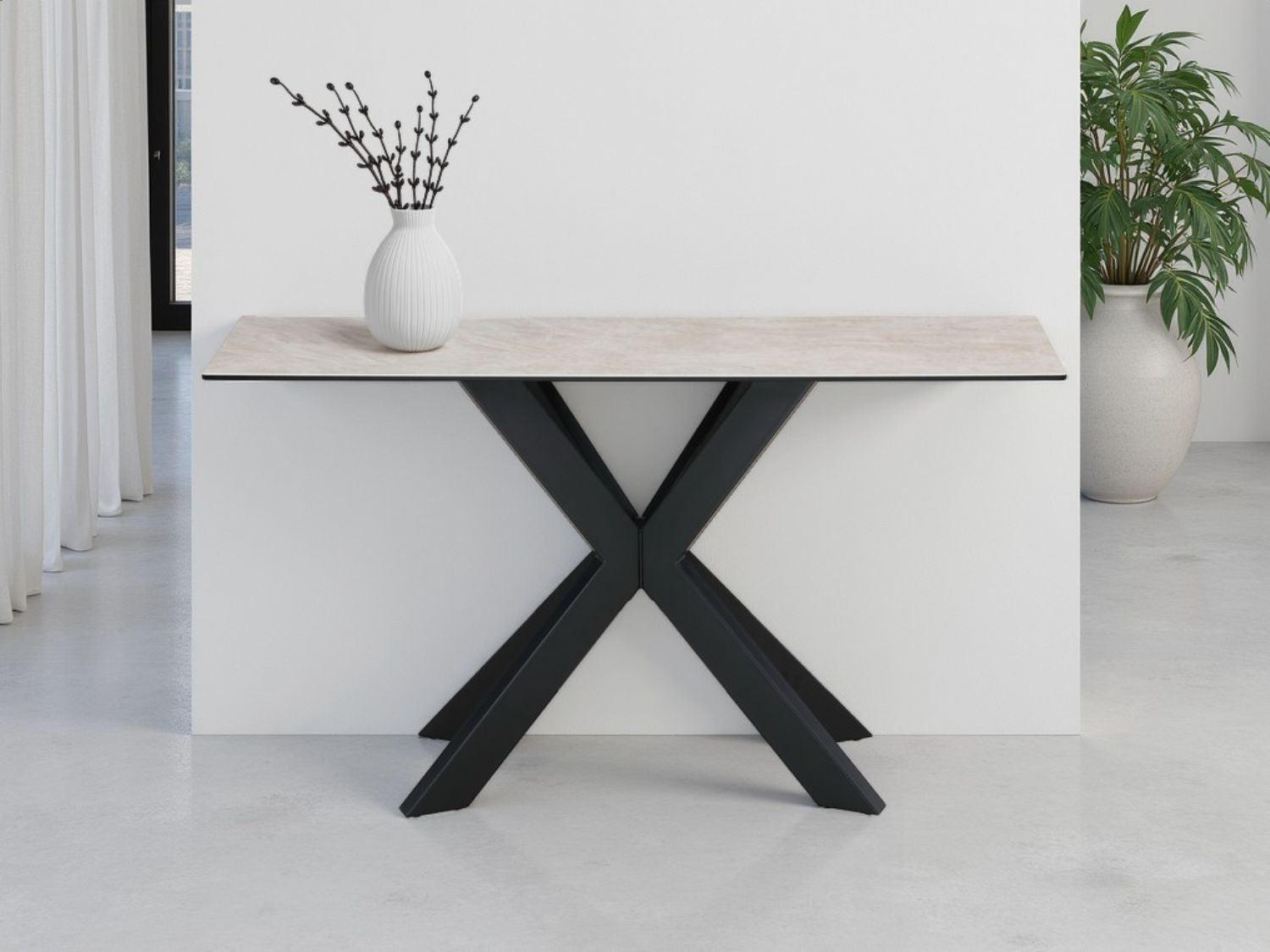Modern Beige Ceramic and Glass Console Table with Black Metal Crossed Base