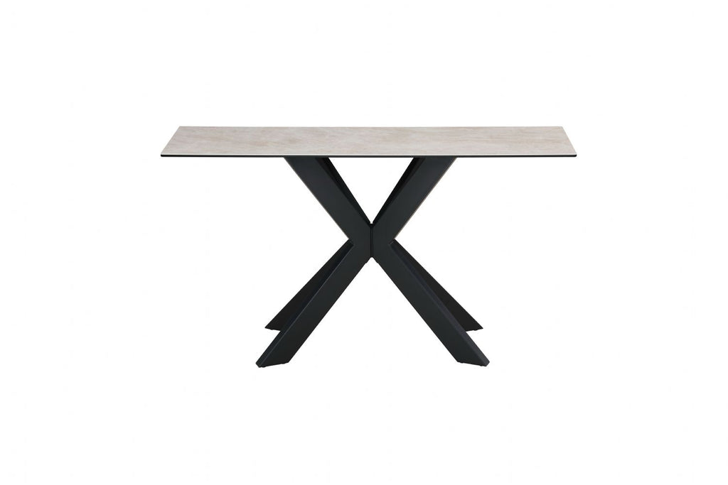 Modern Beige Ceramic and Glass Console Table with Black Metal Crossed Base - Home Furniture Interiors