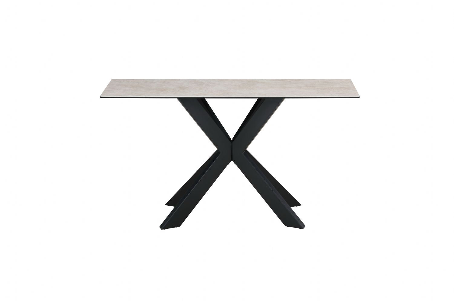 Modern Beige Ceramic and Glass Console Table with Black Metal Crossed Base - Home Furniture Interiors