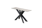 Modern Beige Ceramic and Glass Console Table with Black Metal Crossed Base - Home Furniture Interiors