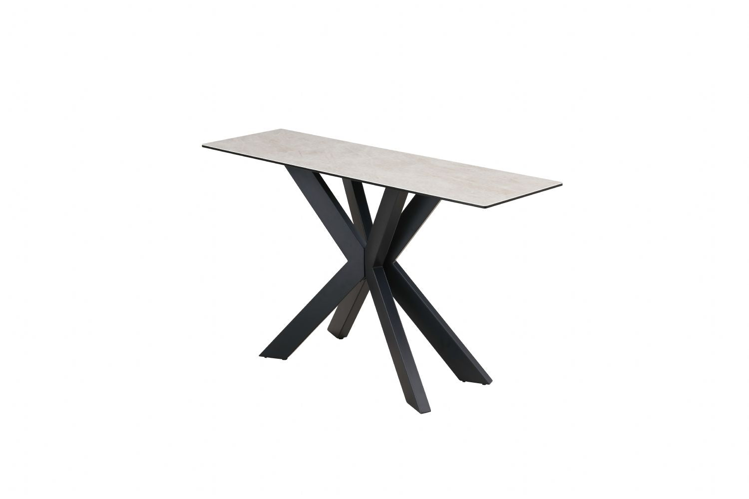 Modern Beige Ceramic and Glass Console Table with Black Metal Crossed Base - Home Furniture Interiors