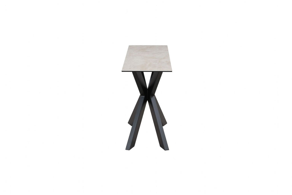 Modern Beige Ceramic and Glass Console Table with Black Metal Crossed Base - Home Furniture Interiors