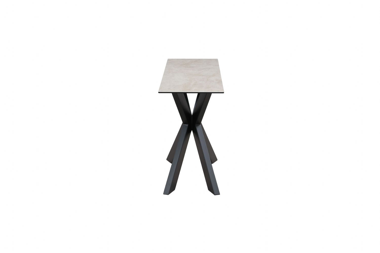 Modern Beige Ceramic and Glass Console Table with Black Metal Crossed Base - Home Furniture Interiors
