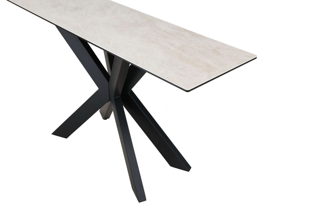 Modern Beige Ceramic and Glass Console Table with Black Metal Crossed Base - Home Furniture Interiors