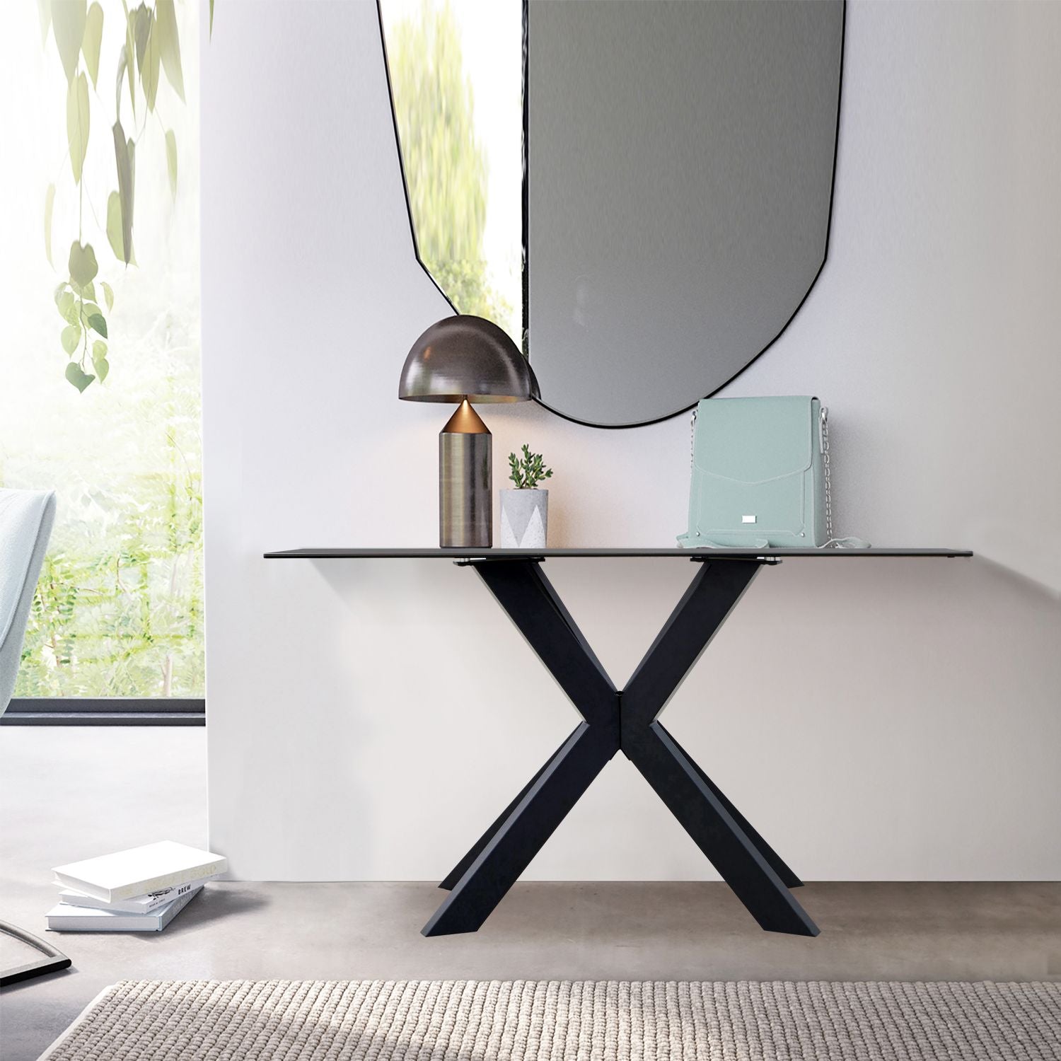 Modern Black Ceramic and Glass Top Console Table with Iron Starburst Base