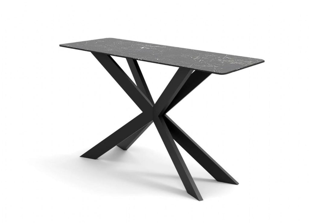 Modern Black Ceramic and Glass Top Console Table with Iron Starburst Base - Home Furniture Interiors