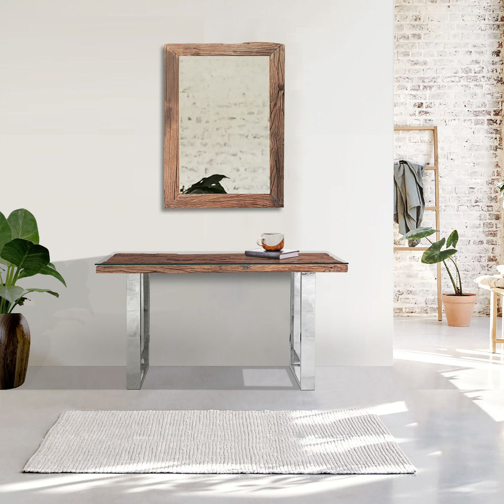 Modern Reclaimed Wood Rectangular Console Table with Polished Steel Legs