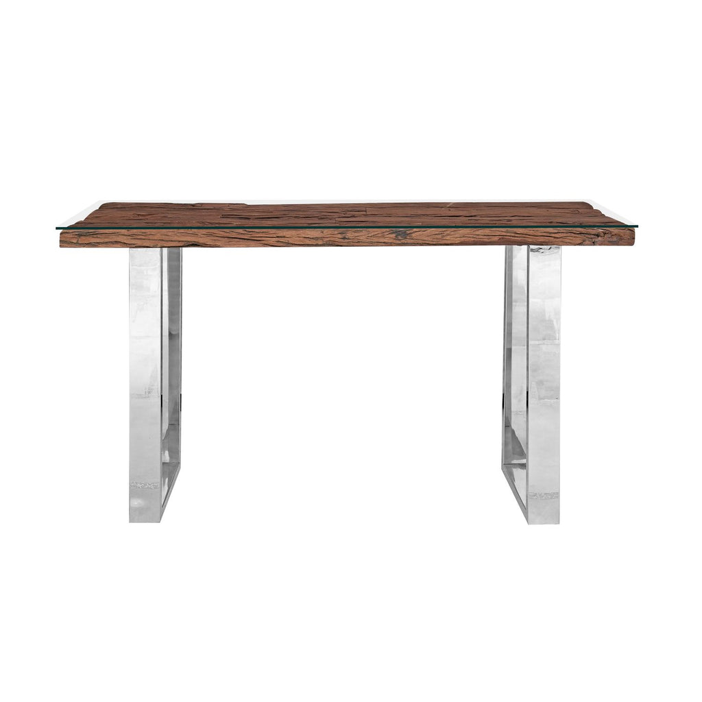 Dining table with wooden top and metal legs on a white background