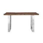 Dining table with wooden top and metal legs on a white background