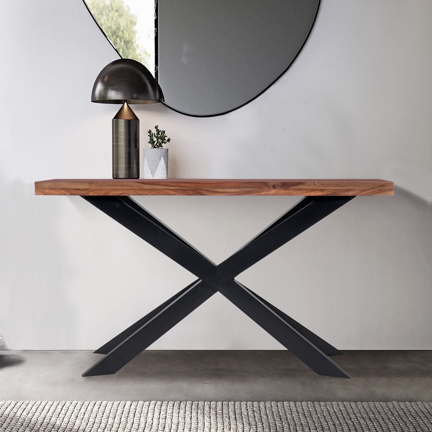 Modern Sheesham Wood Console Table with Black X Shaped Iron Frame
