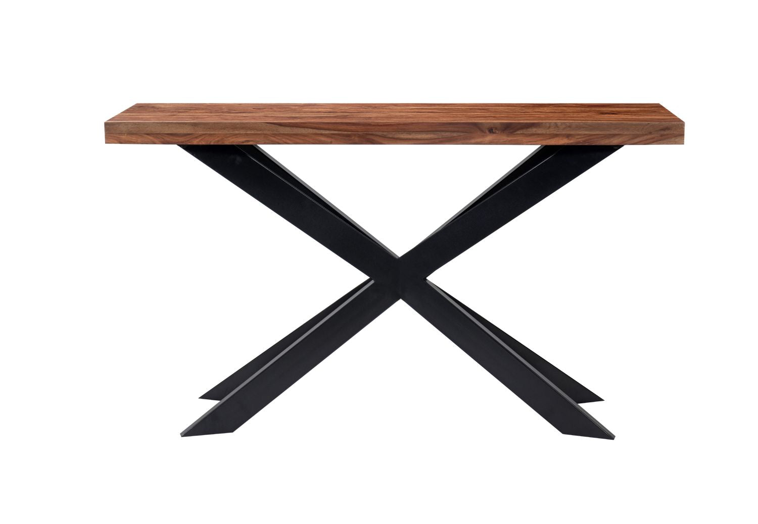 Modern Sheesham Wood Console Table with Black X Shaped Iron Frame - Home Furniture Interiors