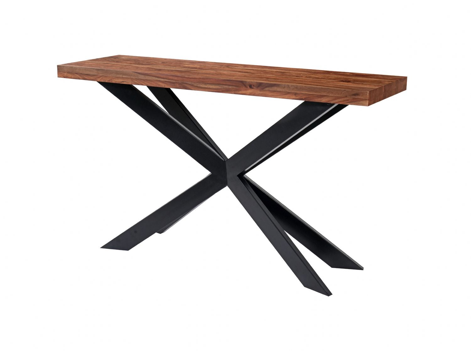 Modern Sheesham Wood Console Table with Black X Shaped Iron Frame - Home Furniture Interiors