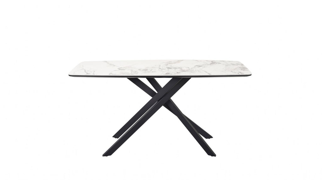 Modern White Marble Effect Ceramic Console Table with Black Metal Angled Base