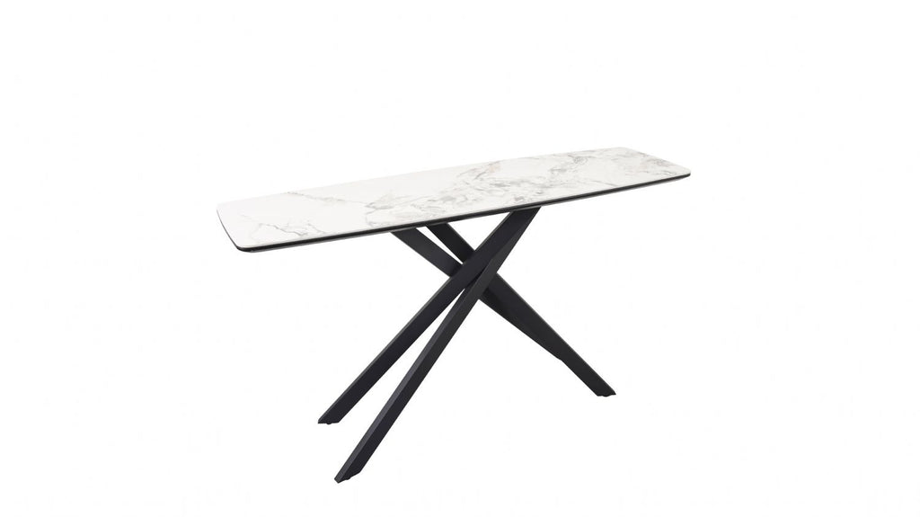 Modern White Marble Effect Ceramic Console Table with Black Metal Angled Base - Home Furniture Interiors