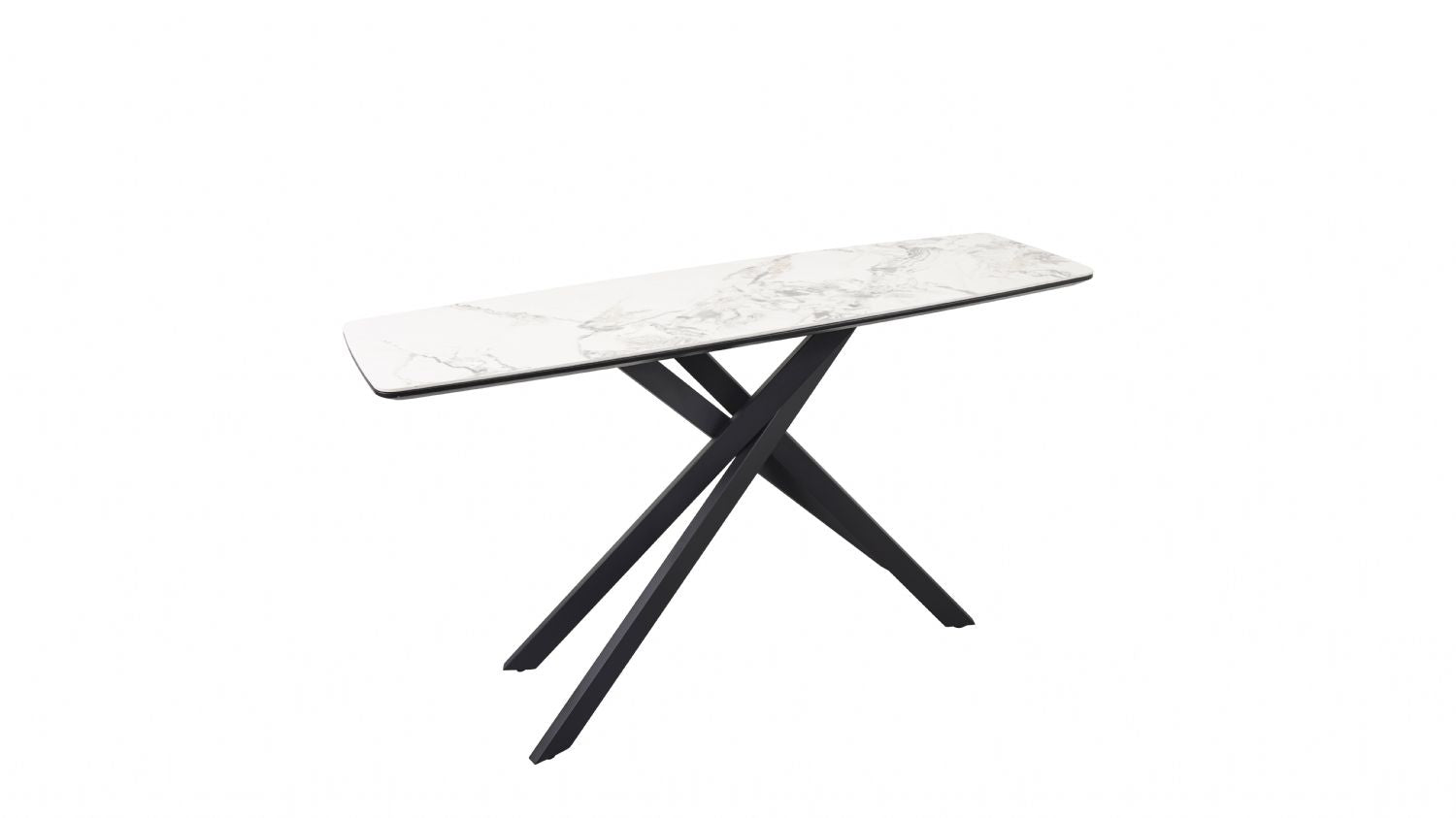 Modern White Marble Effect Ceramic Console Table with Black Metal Angled Base - Home Furniture Interiors