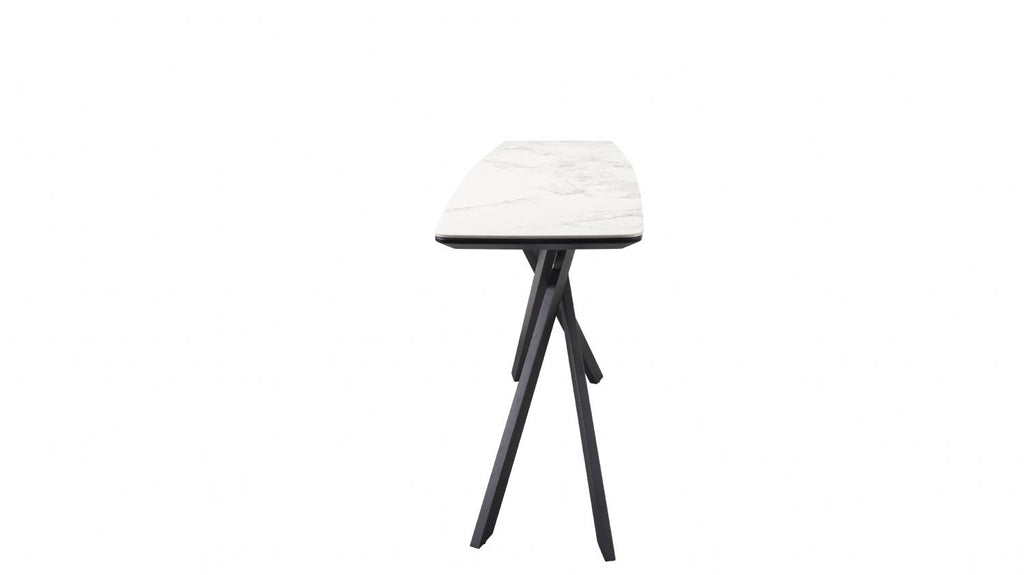 Modern White Marble Effect Ceramic Console Table with Black Metal Angled Base - Home Furniture Interiors