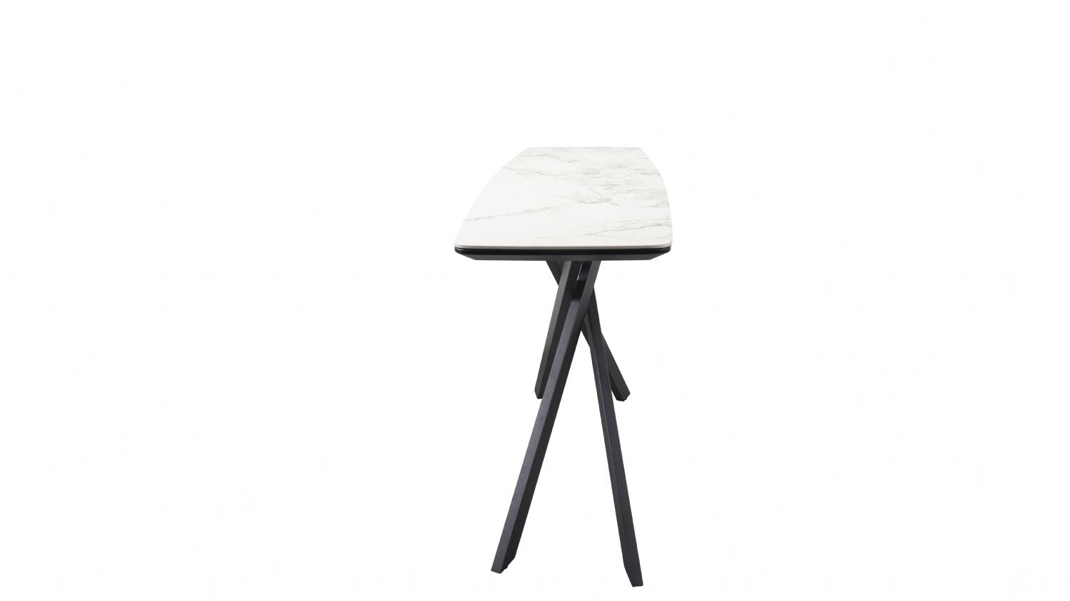 Modern White Marble Effect Ceramic Console Table with Black Metal Angled Base - Home Furniture Interiors