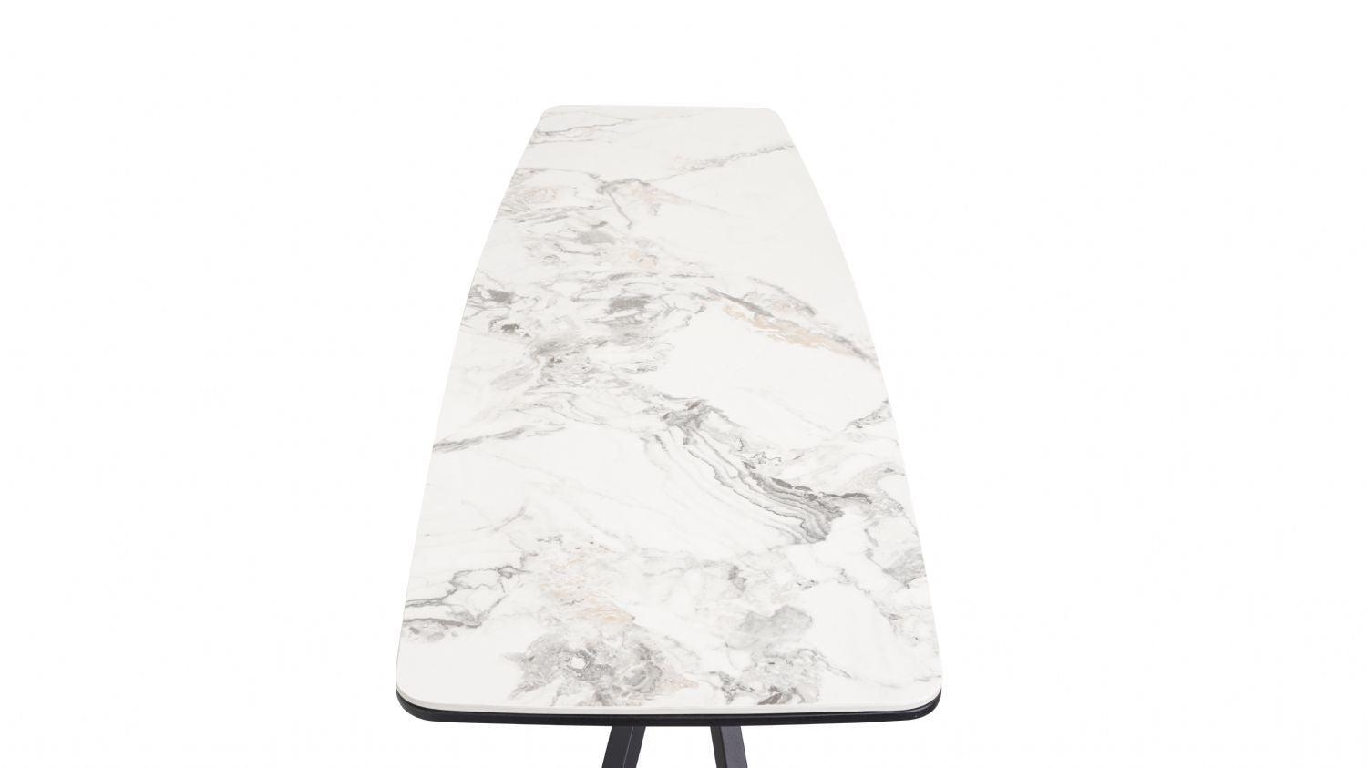 Modern White Marble Effect Ceramic Console Table with Black Metal Angled Base - Home Furniture Interiors