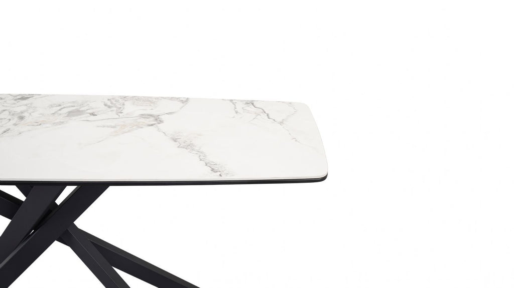 Modern White Marble Effect Ceramic Console Table with Black Metal Angled Base - Home Furniture Interiors