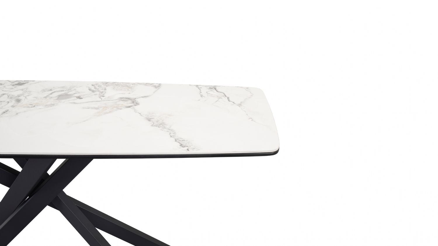 Modern White Marble Effect Ceramic Console Table with Black Metal Angled Base - Home Furniture Interiors