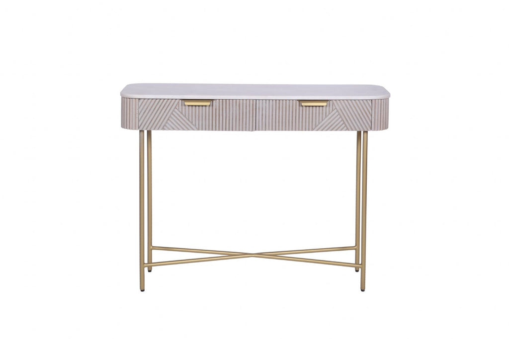 White Marble and Mango Wood 2 Drawer Console Table with Gold Metal Frame