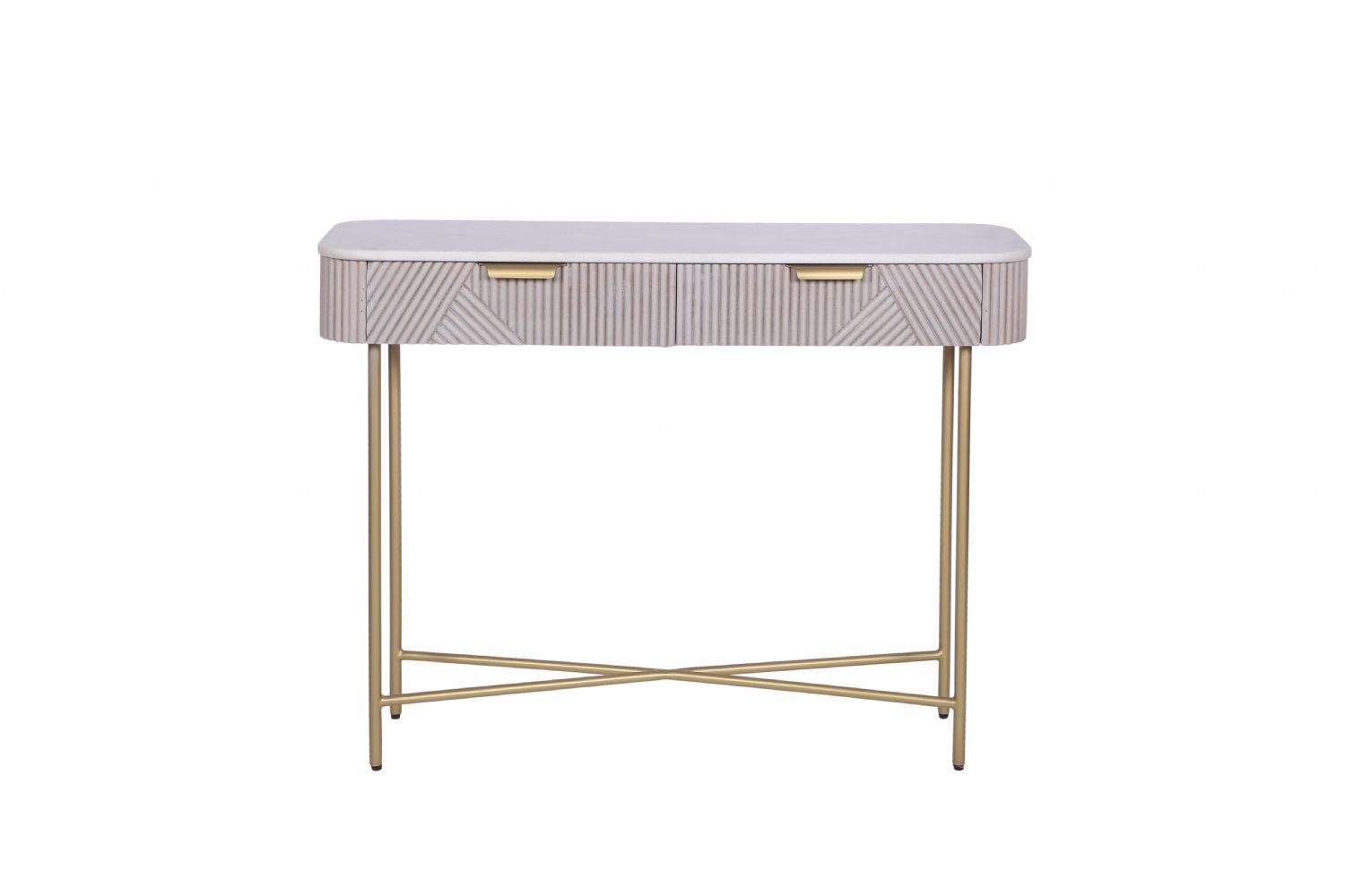 White Marble and Mango Wood 2 Drawer Console Table with Gold Metal Frame
